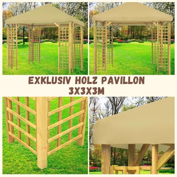 Exklusiv Holz Pavillon 3m x 3m mit Überdachung und Rankgitter