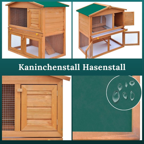 Kaninchenstall Hasenstall 93 x 60 x 97 cm mit 3 Türen Holzfarben
