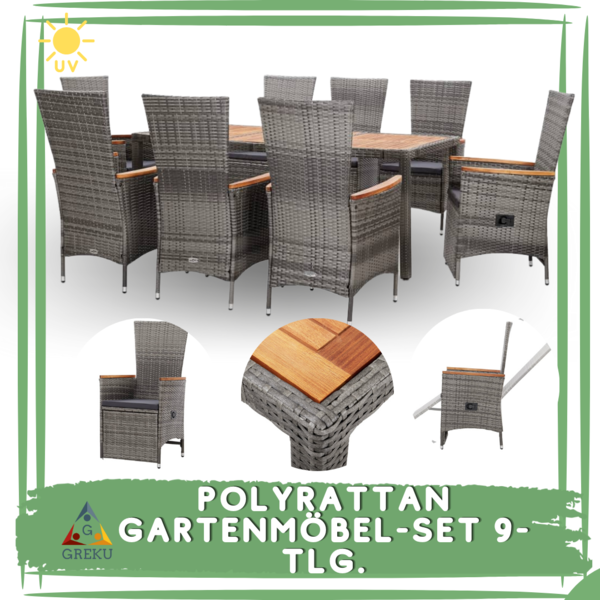 Polyrattan Gartenmöbel-Set Essgruppe mit Auflagen in Grau 9-tlg.